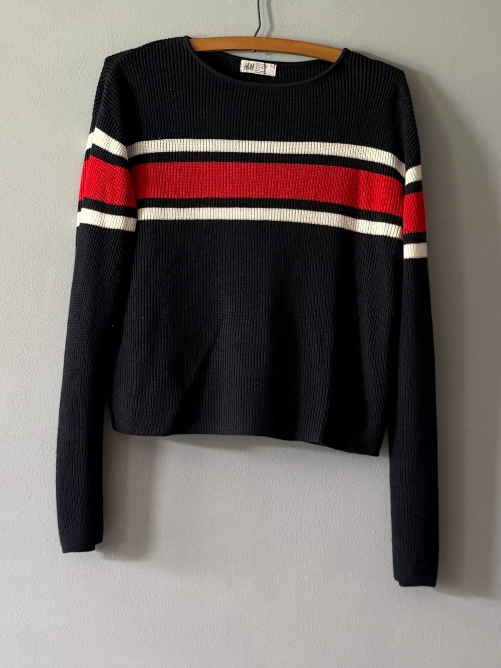 Red, white, and blue striped rib knit sweater